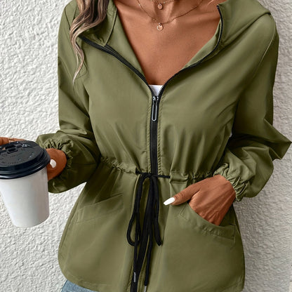 xieyinshe Solid Drawstring Windproof Jacket, Casual Long Sleeve Hooded Zip Up Outerwear With Pockets, Women's Clothing