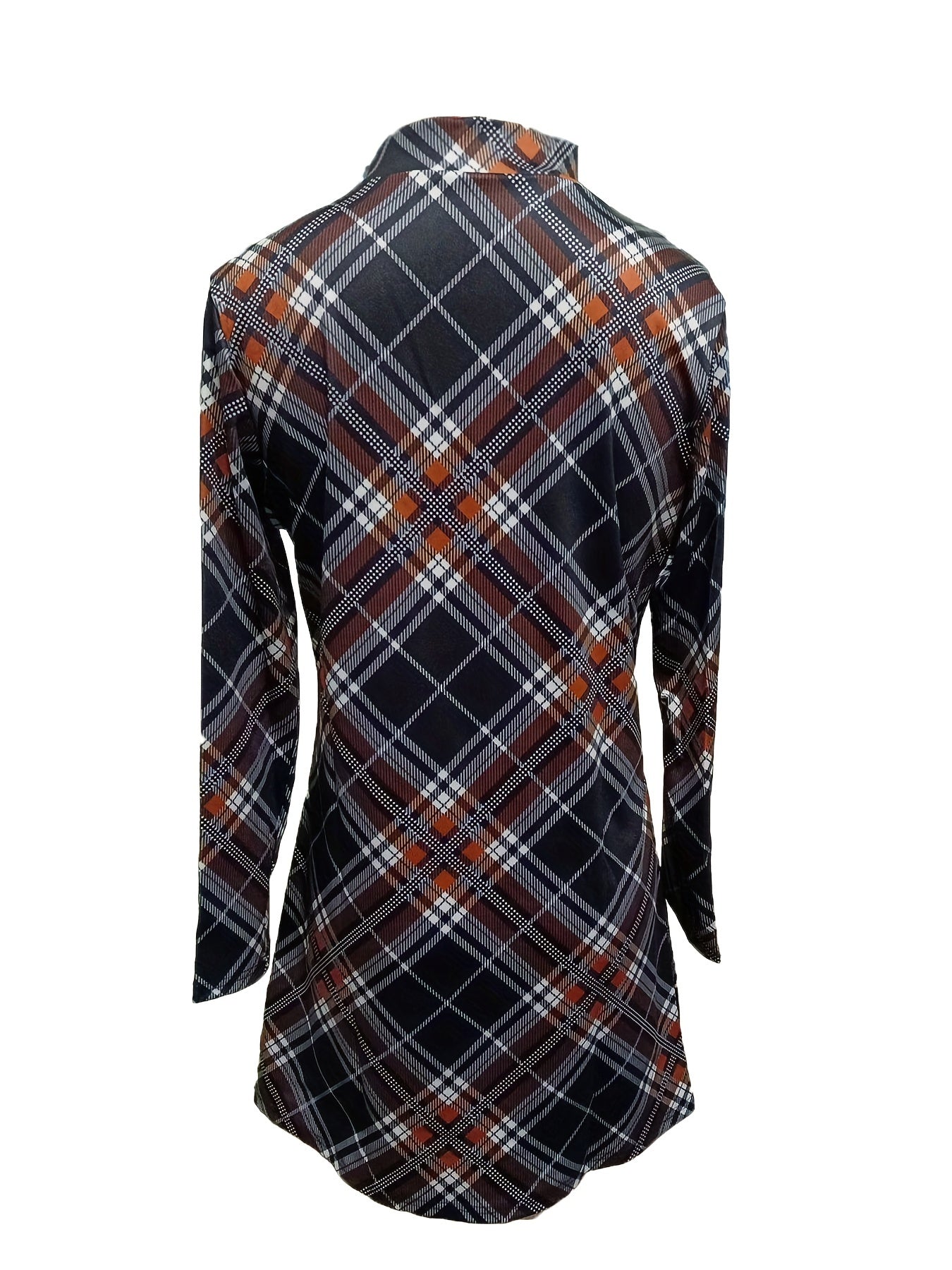 xieyinshe Plus Size Casual Dress, Women's Plus Plaid Print Half Sleeve Mock Neck Slight Stretch Mini Dress