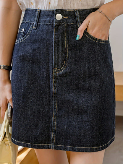 xieyinshe  Slash Pocket Washed Denim Skirts, Button Zipper Closure Loose Streetwear Denim Skirts, Women's Denim Clothing