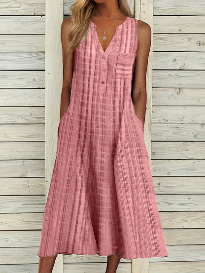 Striped Notched Neck Button Front Dress, Boho Sleeveless Dress For Spring & Summer, Women's Clothing