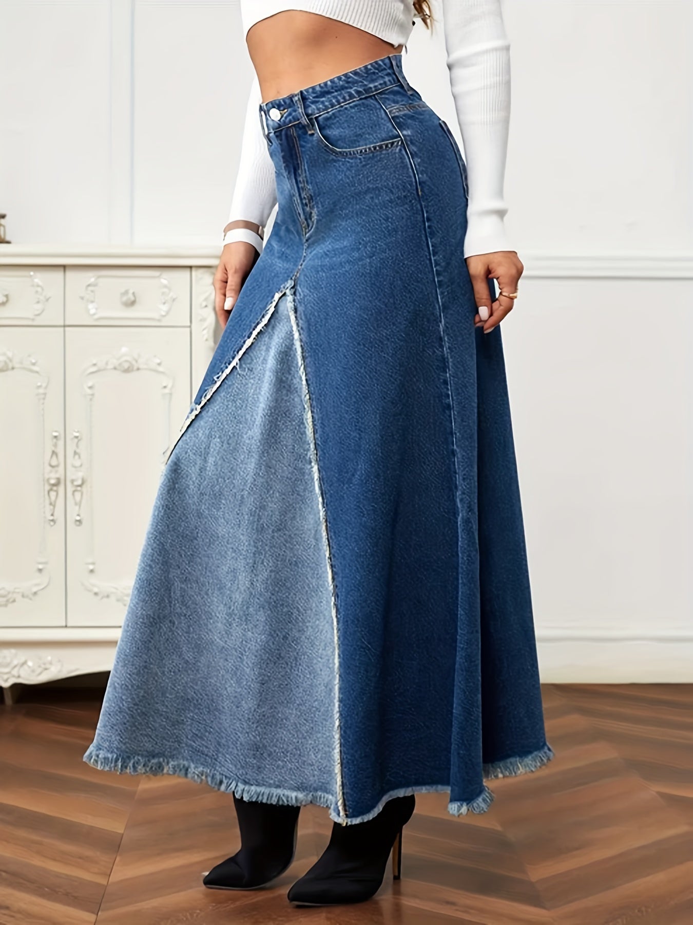 xieyinshe Two Tone Patchwork Denim Midi Skirt, Frayed Hem Slant Pockets Chic Denim Skirt, Women's Denim Clothing