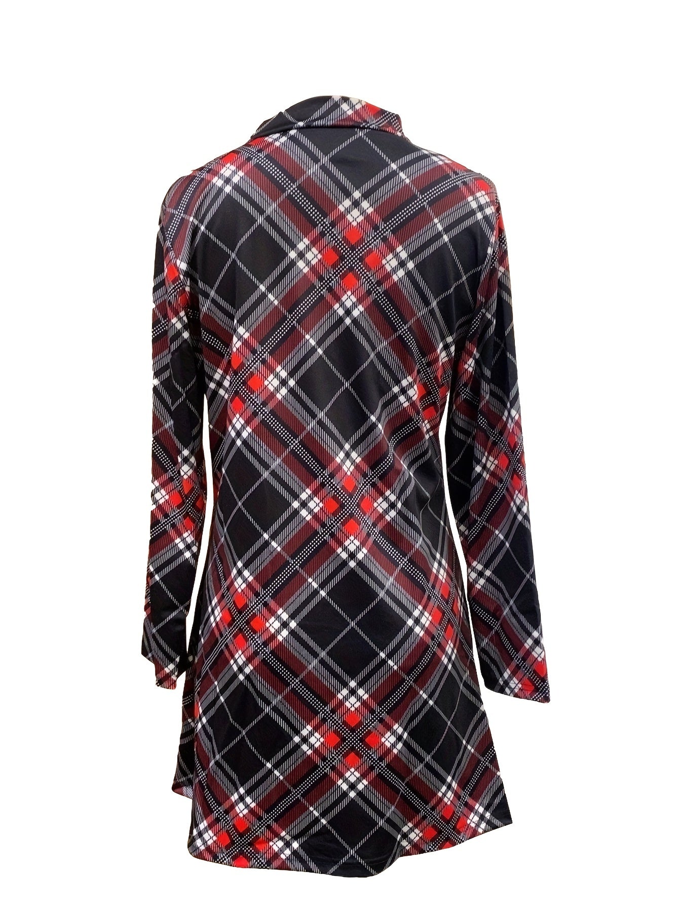 xieyinshe Plus Size Casual Dress, Women's Plus Plaid Print Half Sleeve Mock Neck Slight Stretch Mini Dress