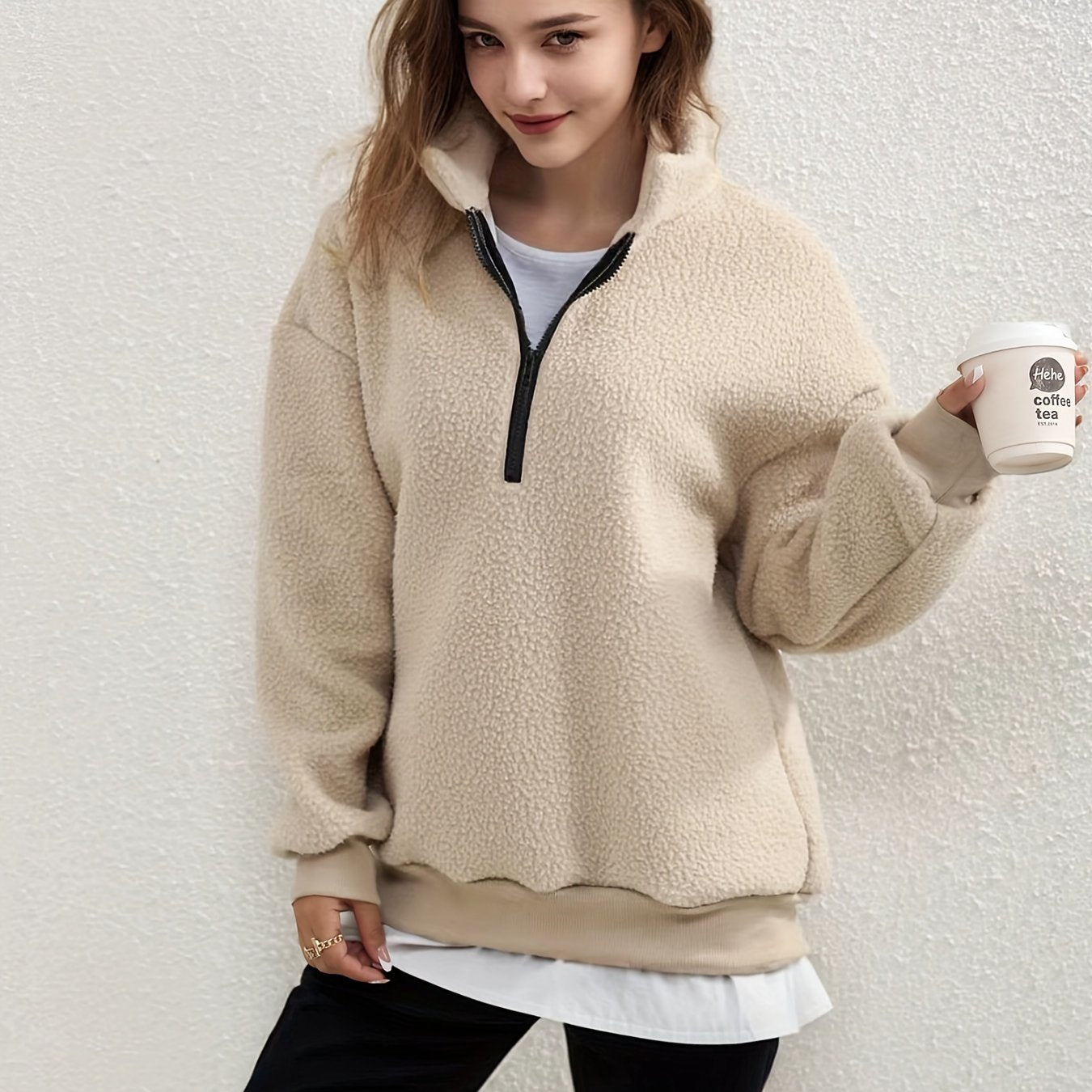 Solid Zipper Fuzzy Pullover Sweatshirt, Casual Long Sleeve Stand Collar Sweatshirt For Fall & Winter, Women's Clothing