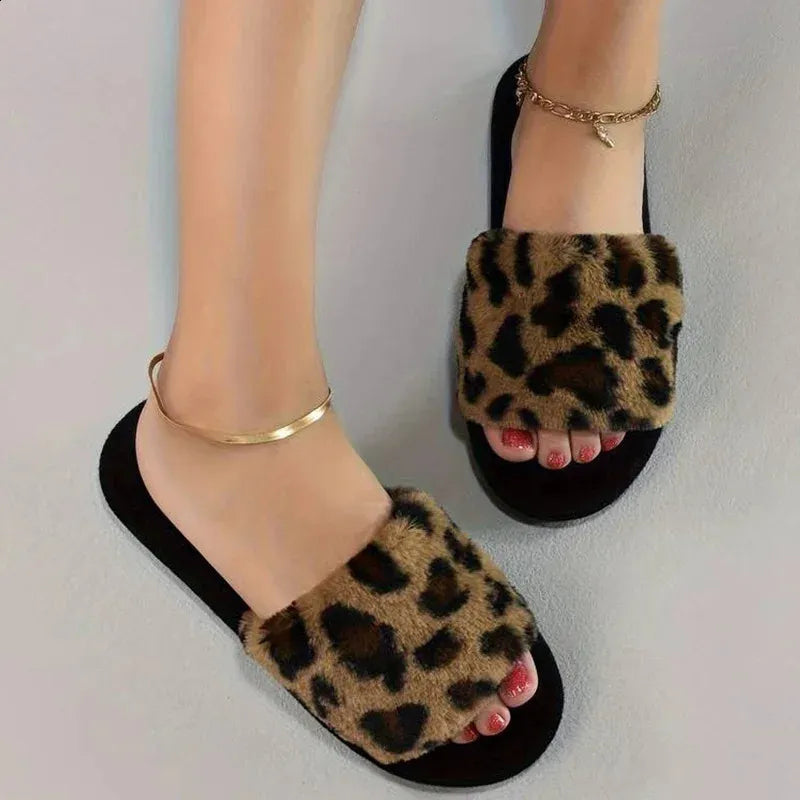 Autumn Winter Women Leopard Print Plush Slippers Cozy Warm Open Toe Soft Sole Shoes Comfy Indoor Floor Fuzzy Slippers 240809