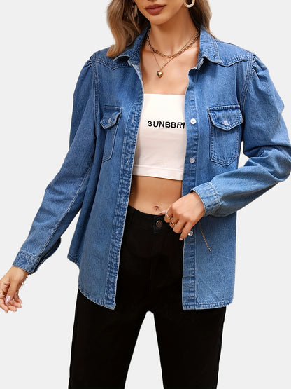 Blue Long Sleeves Denim Top, Flap Pockets Single-Breasted Button Lapel Versatile Denim Top, Women's Denim Clothing