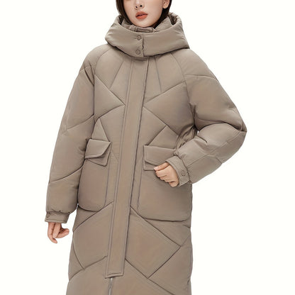 xieyinshe  Solid Flap Pockets Hooded Coat, Versatile Long Sleeve Stand Collar Thermal Winter Outwear, Women's Clothing