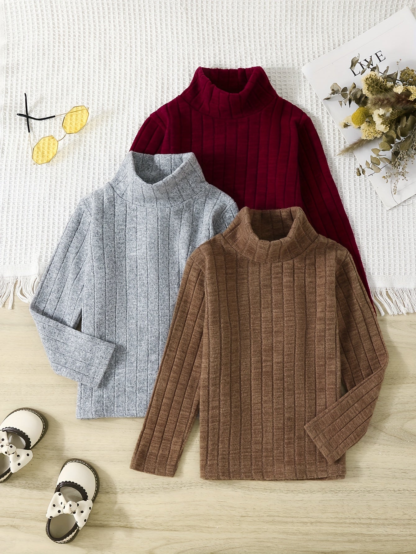 Three-color Set Girls Stripe Pattern Turtleneck Sweater For Fall Winter, Kids Casual Tops