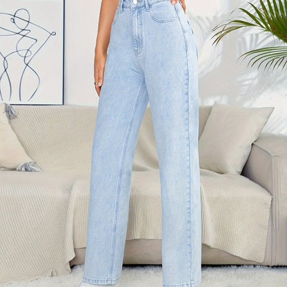 xieyinshe  Light Blue Straight Leg Jeans, High Rise Loose Casual Denim Pants With Pockets, Women's Denim Jeans & Clothing