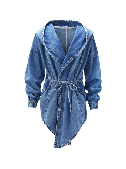 Belted Closure Elastic Band Cuff Denim Hooded Jackets, Elastic Belt Non Button Denim Coats, Women's Denim Jackets & Coats, Women's Clothing