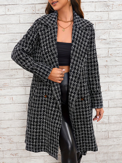 xieyinshe Houndstooth Pattern Double Breasted Overcoat, Elegant Lapel Long Sleeve Outerwear, Women's Clothing