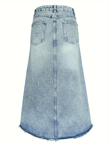 xieyinshe  Raw Hem Slash Pocket Loose Fit Denim Skirt, Vintage Style A-line Maxi Denim Skirt, Women's Denim Jeans & Clothing