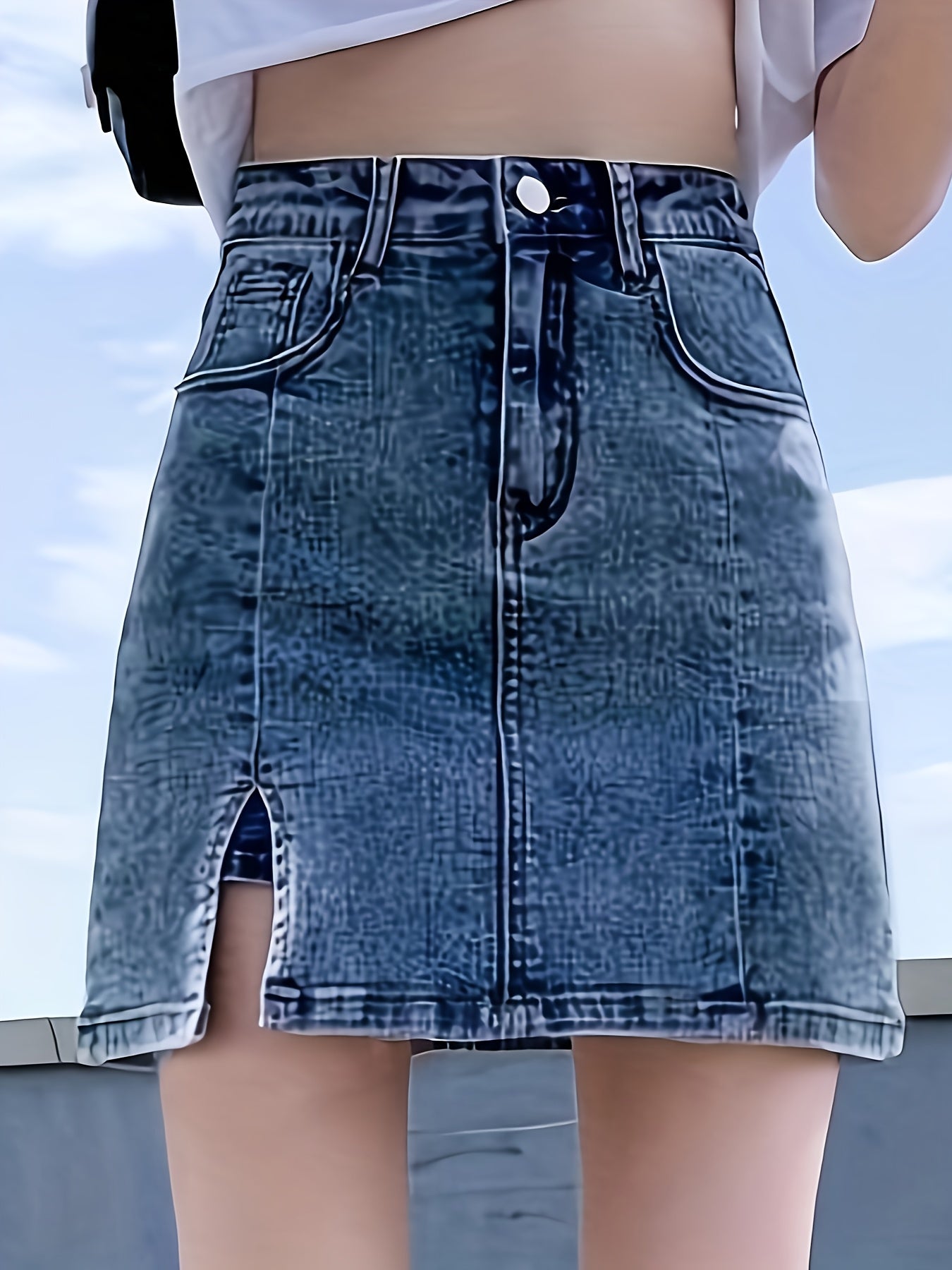 xieyinshe  Split Plain Washed Blue Mini Denim Skirt, Zipper Button Closure High Rise Denim Skorts, Women's Denim Jeans & Clothing