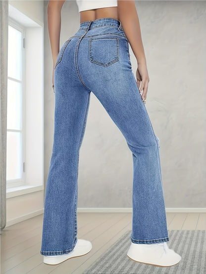 xieyinshe  High Stretch Washed Straight Jeans, Slant Pockets High Waist Denim Pants, Women's Denim Jeans & Clothing