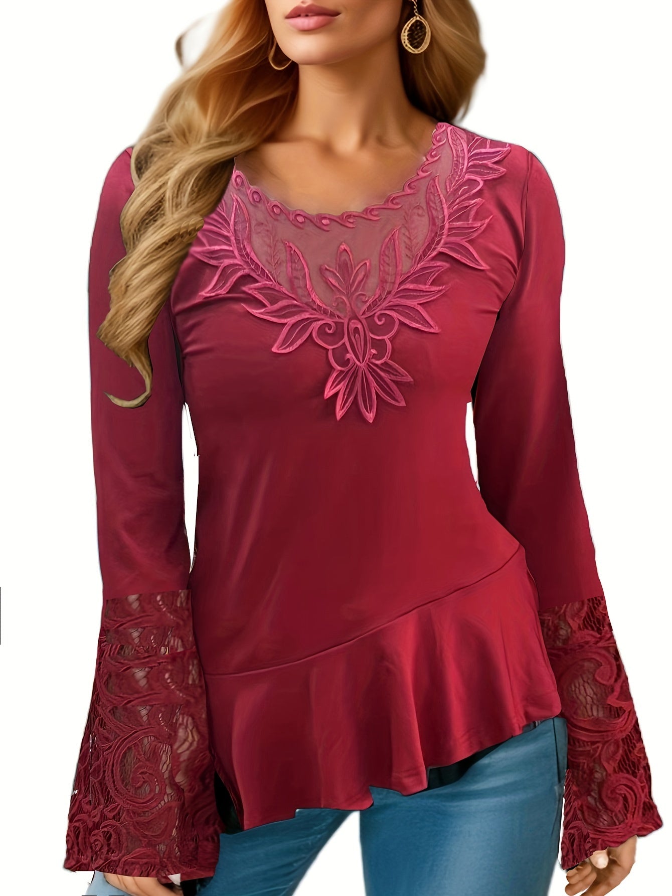 Contrast Lace Ruffle Hem Crew Neck T-Shirt, Casual Long Sleeve Top For Spring & Fall, Women's Clothing