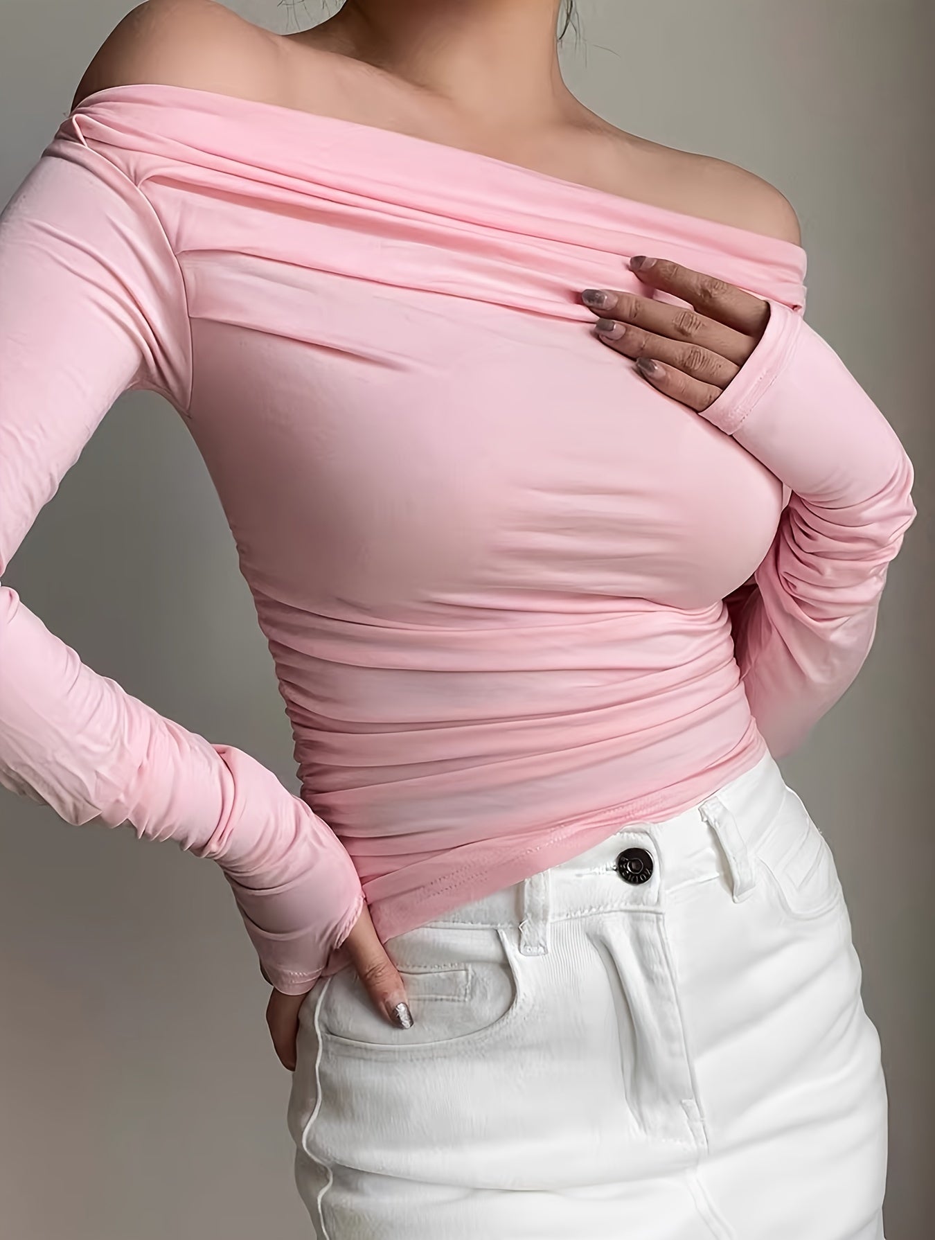 xieyinshe  Ruched Off Shoulder T-Shirt, Casual Long Sleeve Top For Spring & Fall, Women's Clothing