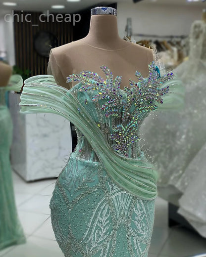 Aso Ebi Mint Mermaid Prom Dress Beaded Crystals Sequined Lace Evening Formal Party Second Reception Birthday Engagement Gowns Dresses Robe De Soiree ZJ78