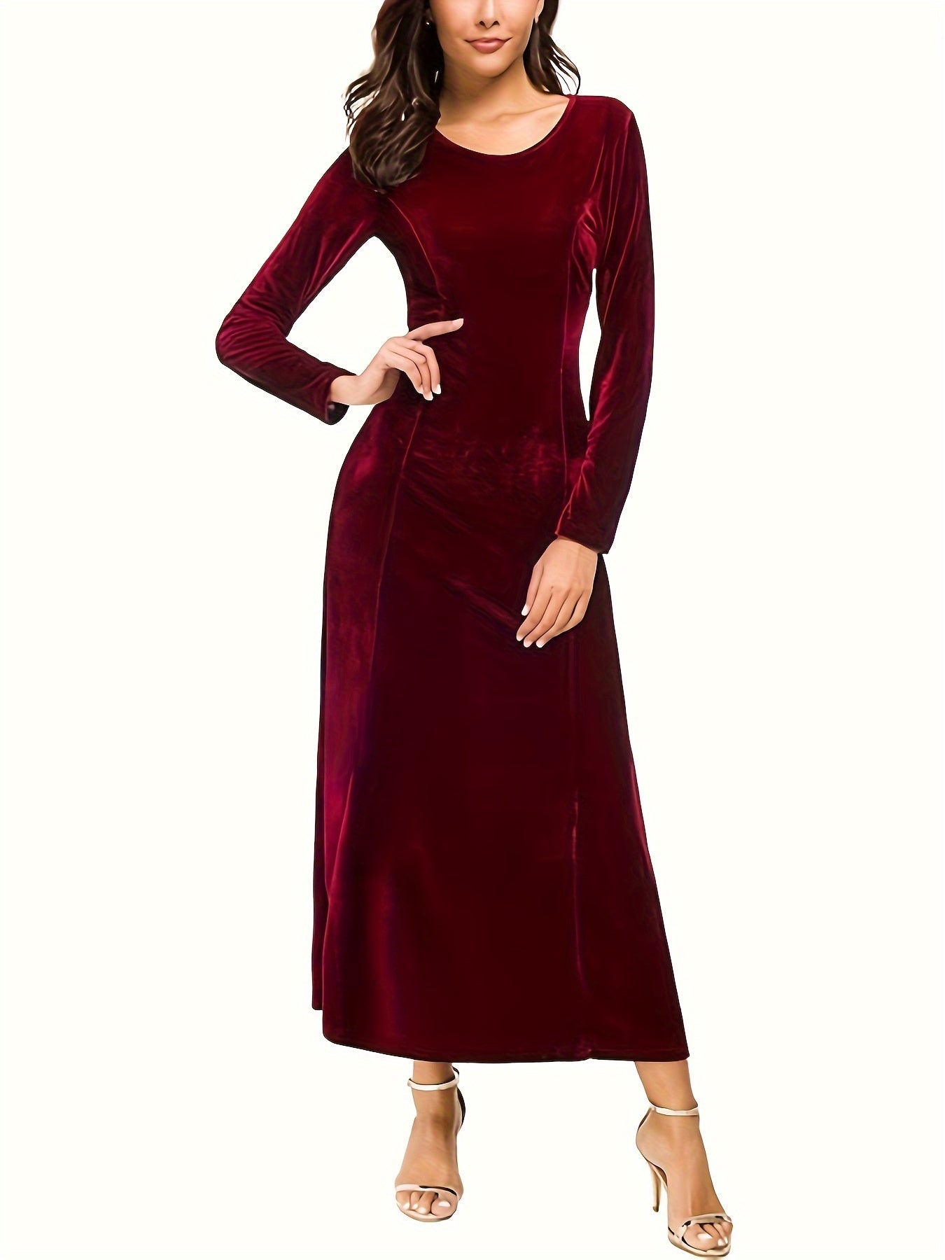 xieyinshe Plus Size Casual Dress, Women's Plus Solid Velvet Long Sleeve Round Neck Maxi Dress