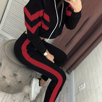 Casual Color Block Two-piece Set, Drawstring Hooded Sweatshirt & Slim Pants Outfits, Women's Clothing