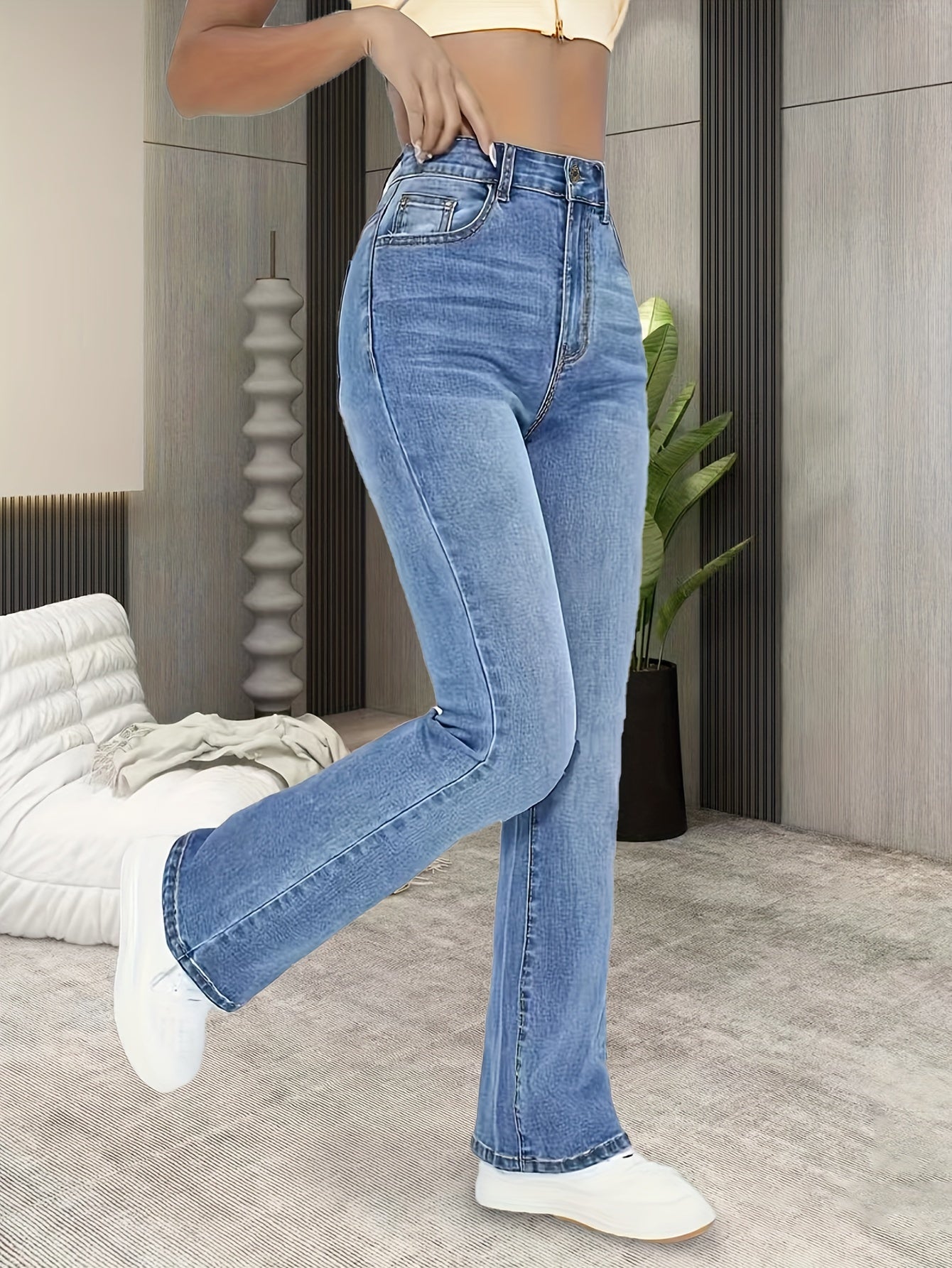 xieyinshe  Slant Pockets Washed Bootcut Jeans, High Stretch Washed Denim Pants, Women's Denim Jeans & Clothing