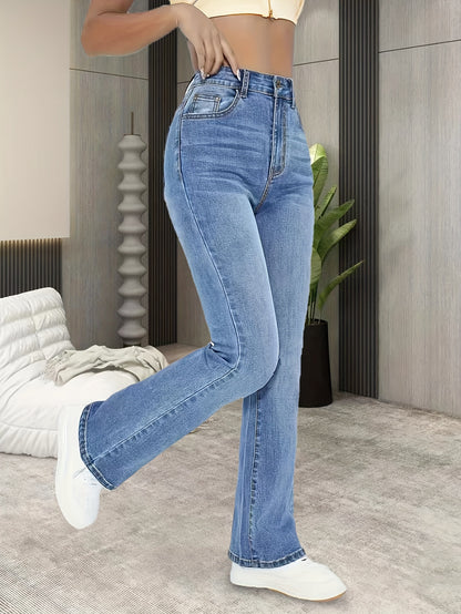 xieyinshe  Slant Pockets Washed Bootcut Jeans, High Stretch Washed Denim Pants, Women's Denim Jeans & Clothing