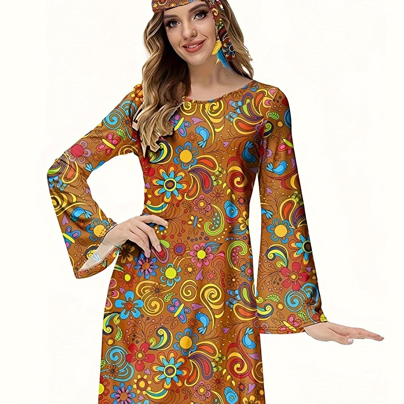 xieyinshe  70s Hippie Halloween Costume Dress, Vintage Floral Flared Long Sleeve Party Dress, Women's Clothing