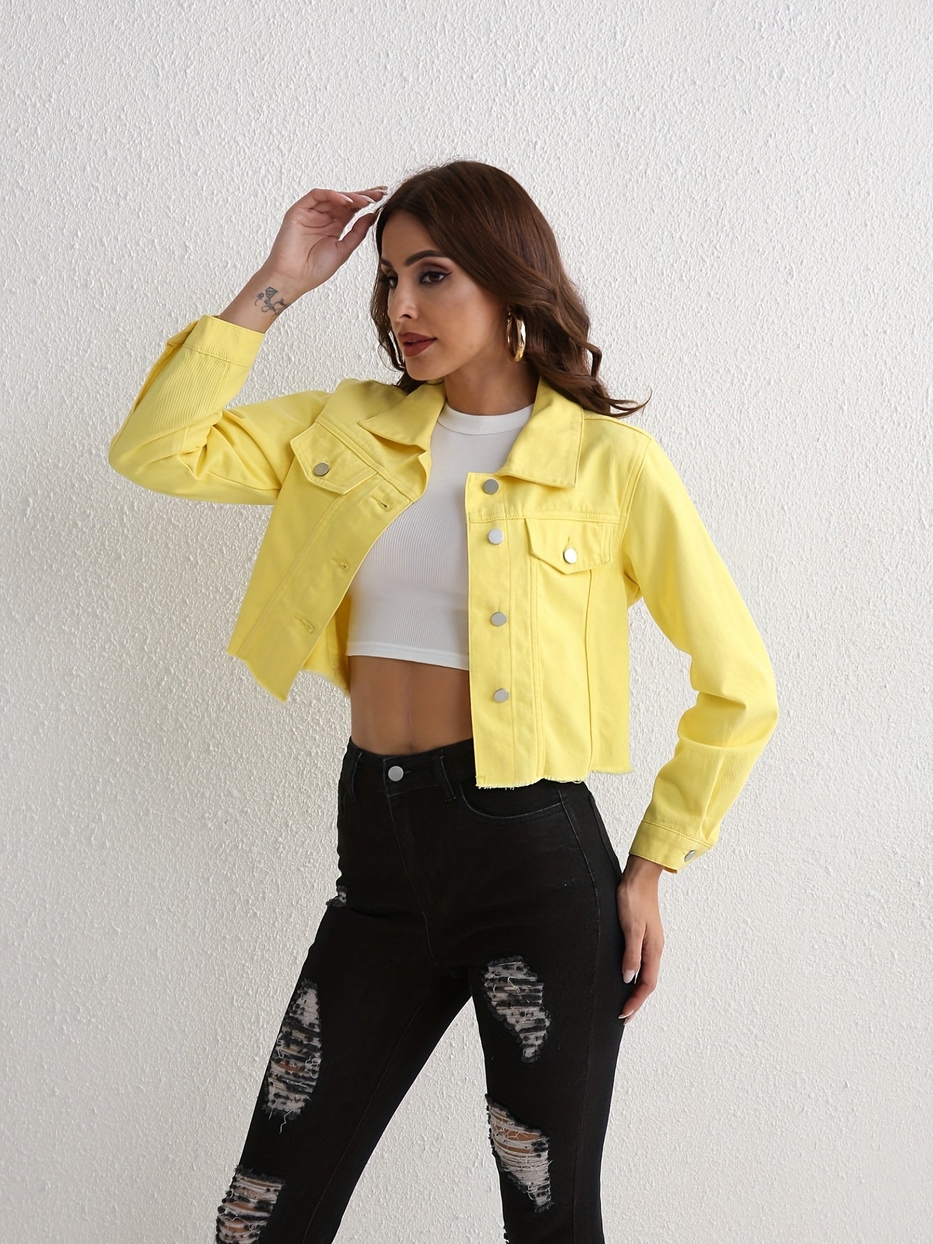 Yellow Raw Hem Denim Jackets, Long Sleeves Non-Stretch Lapel Denim Coats, Women's Denim Clothing