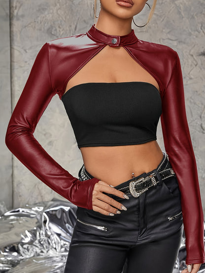 xieyinshe  Solid Faux Leather Crop Top, Vintage Long Sleeve Crop Top For Spring & Fall, Women's Clothing