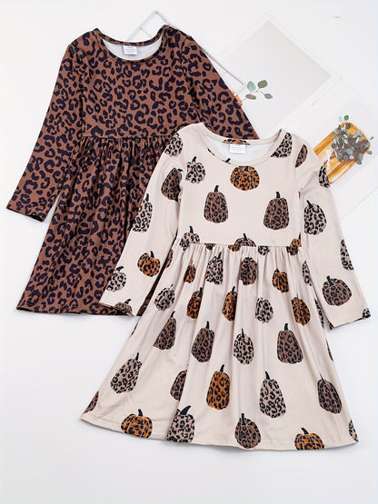 Girls Fashionable Patterned Long Sleeve Stretch Dress - Playful Twirl Design for Thanksgiving & Fall - Comfortable, Eye-Catching, Perfect Seasonal Gift