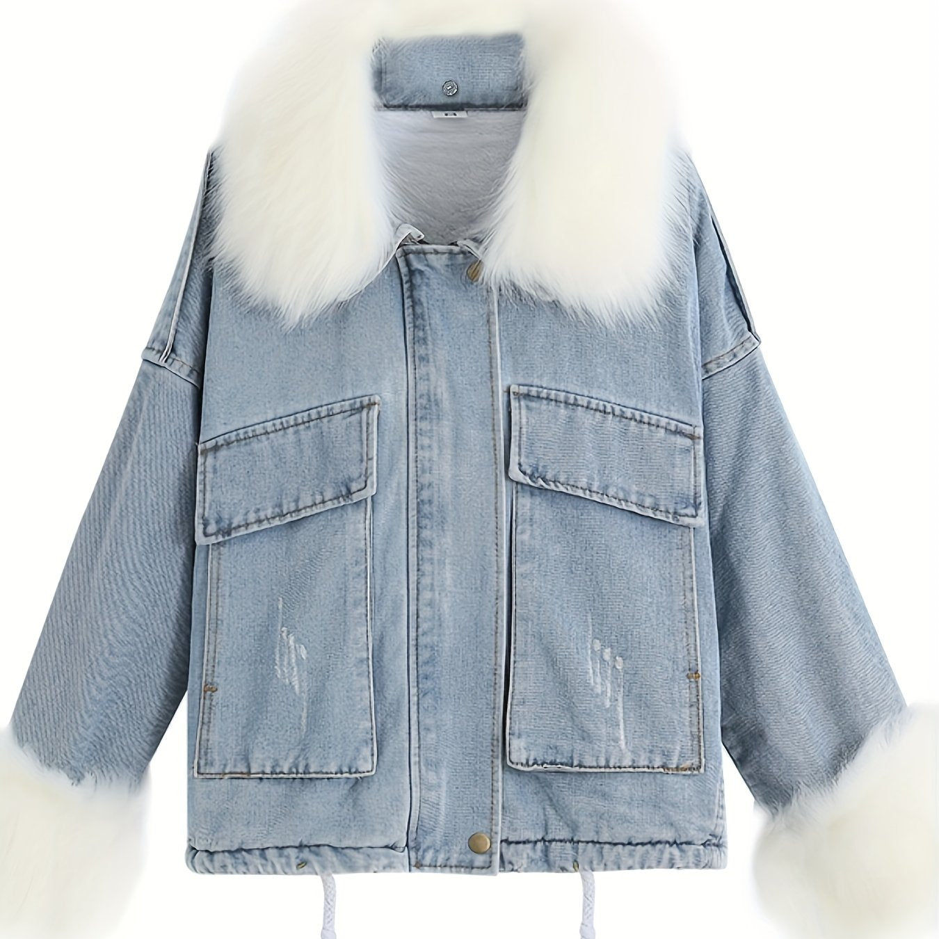 Fluffy Plush Collar & Cuffs Winter Warm Fur Fleece Coat, Extra Large Square Pockets Drawstring Hem Denim Jacket, Women's Denim Jackets