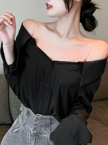 xieyinshe  Solid Off Shoulder Button Front Blouse, Casual Long Sleeve Blouse For Spring & Fall, Women's Clothing