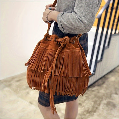 Vintage-Inspired Suede Bucket Bag - Drawstring Closure, Tassel Accent, Cotton Lined, PU Material, Crossbody Design for Women - Trendy and Bohemian Chic Handbag