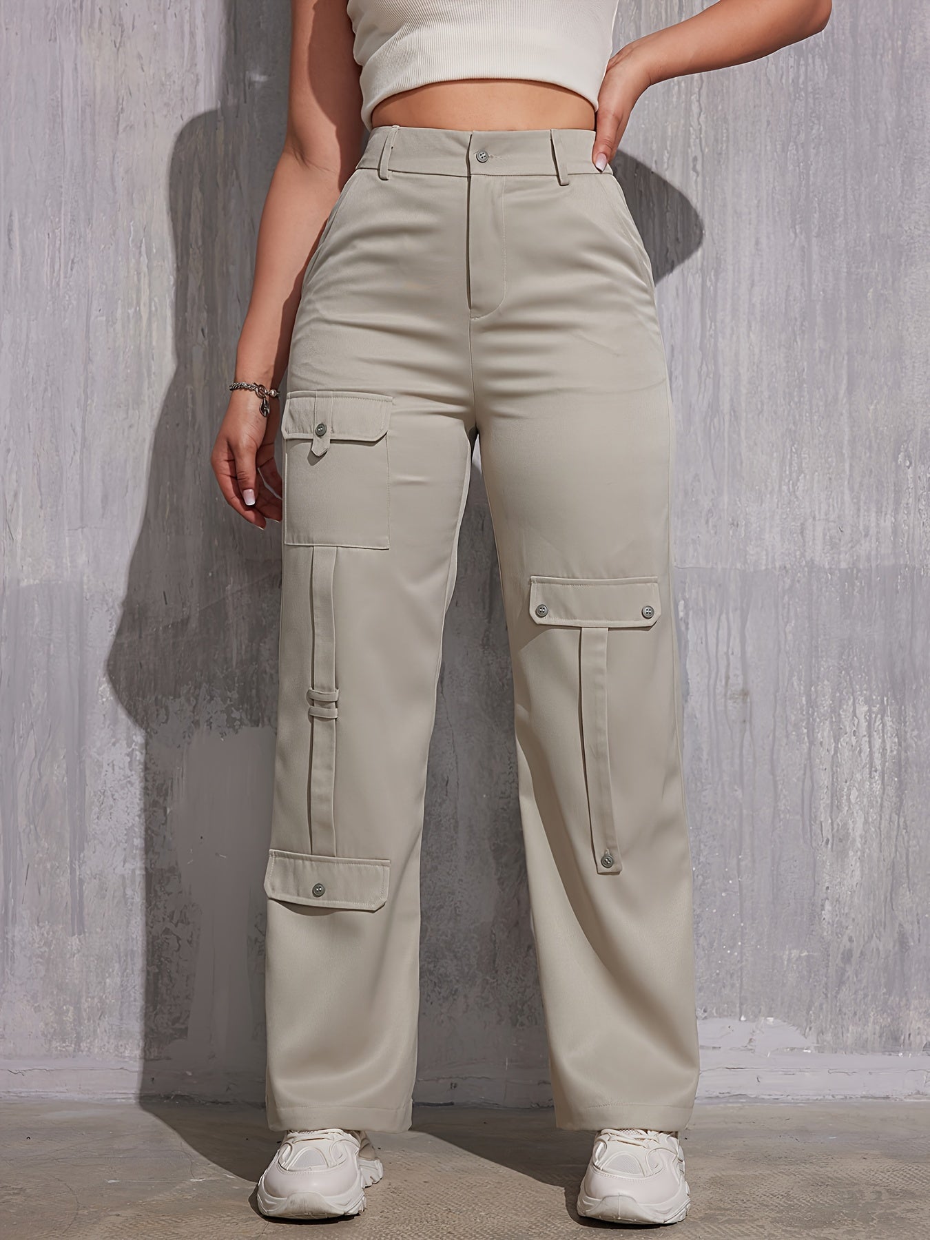 xieyinshe Solid Straight Leg Cargo Pants, Casual High Waist Fashion Pants With Pocket, Women's Clothing