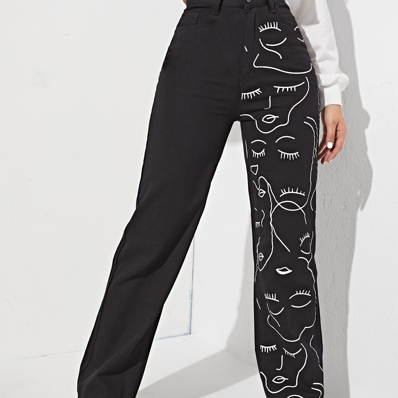 xieyinshe Abstract Face Print High Rise Denim Pants, Black Slash Pocket Street Style Unique Straight Denim Pants, Women's Denim Jeans & Clothing