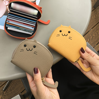 Compact & Chic Genuine Leather Cat-Design Wallet - Secure Zipper, Polyester Lined Coin Purse, and Sleek Card Holder