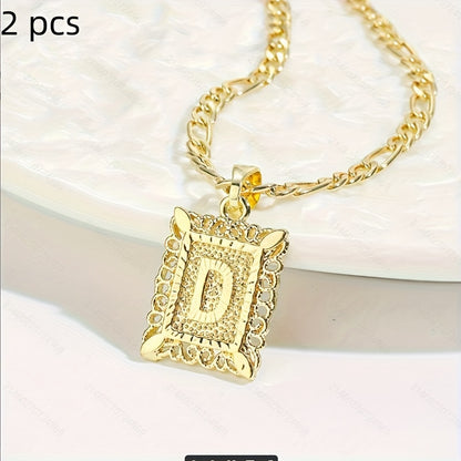 2 pcs Personalized Initial Letter Pendant Necklace - 18K Gold Plated Square Capital Monogram in Figaro Chain - Fashionable Alloy Necklace for Men and Women with A-Z Alphabet Options