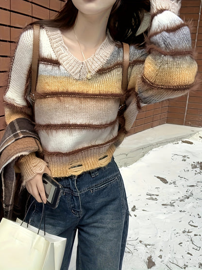 xieyinshe  Striped V Neck Pullover Sweater, Casual Long Sleeve Ripped Sweater, Women's Clothing