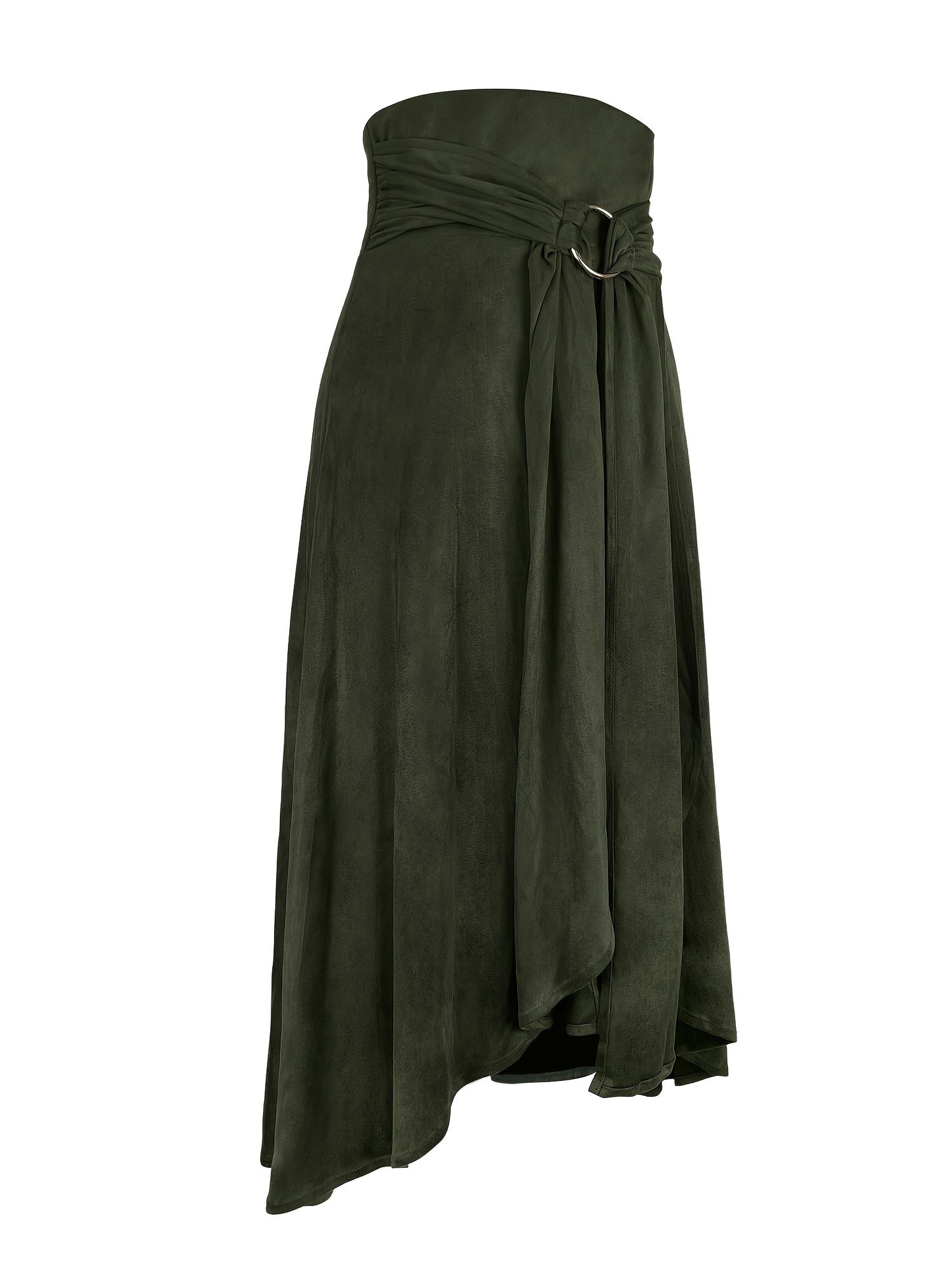 Solid Belted Ring Ruffle Hem Skirt, Elegant Midi Skirt For Spring & Summer, Women's Clothing