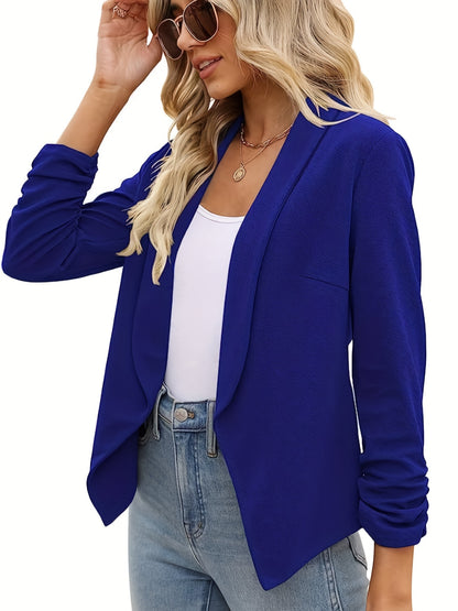 Ruched Solid Blazer, Casual Open Front Work Office Outerwear, Women's Clothing