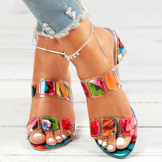 xieyinshe  Women's Colorful Plaid Decor Sandal, Slip On Casual Rhinestone Chunky Heels, Vacation Summer Beach Slides