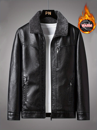 Warm Thick PU Jacket, Men's Casual Zipper Pockets Faux Leather Jacket Coat For Fall Winter