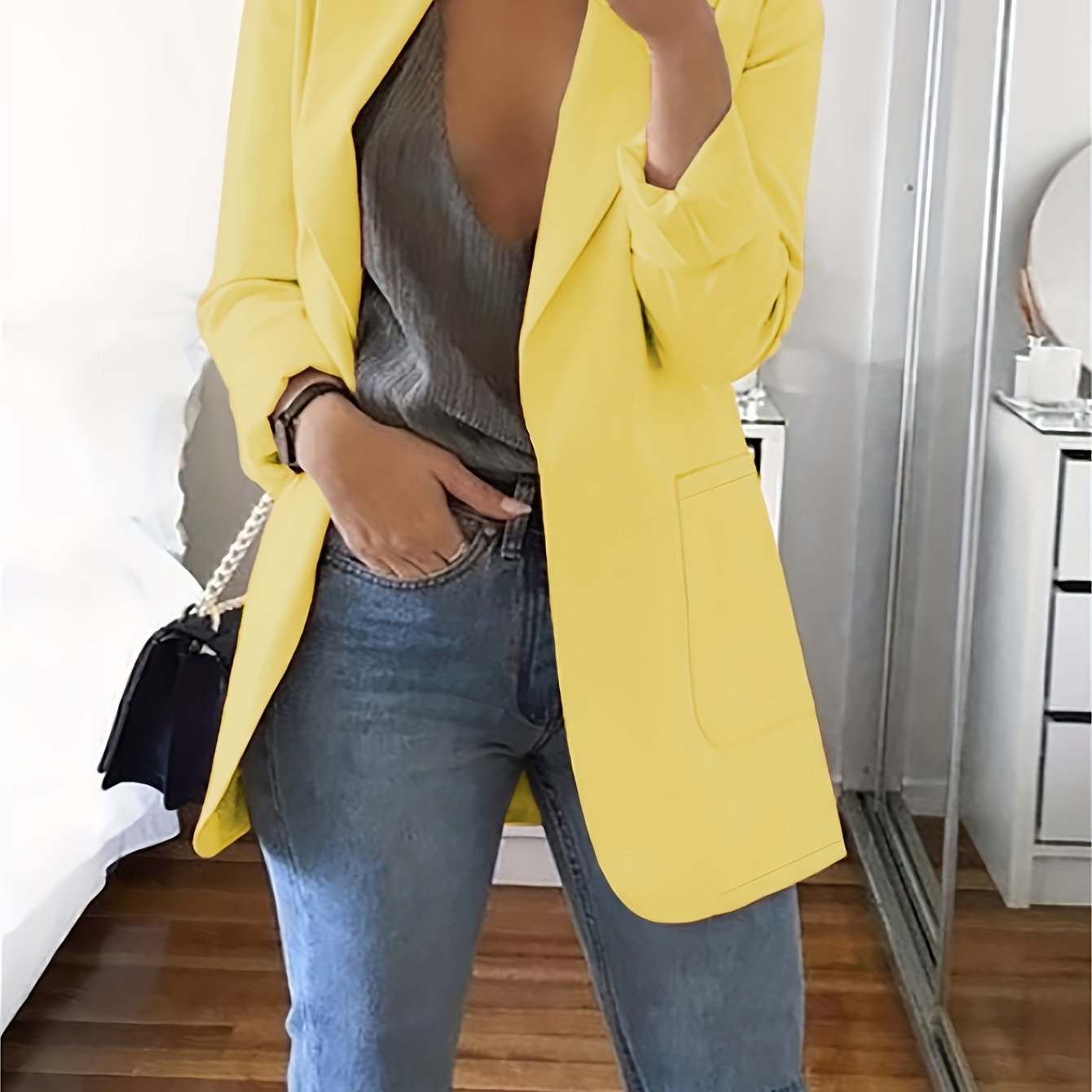 xieyinshe Plus Size Casual Blazer, Women's Plus Solid Long Sleeve Lapel Collar Suit Coat With Pockets