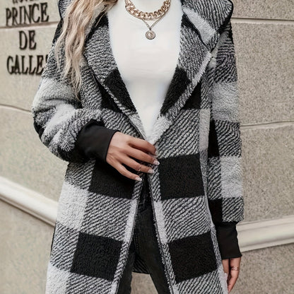 Plaid Print Open Front Fuzzy Coat, Casual Long Sleeve Hooded Coat For Fall & Winter, Women's Clothing