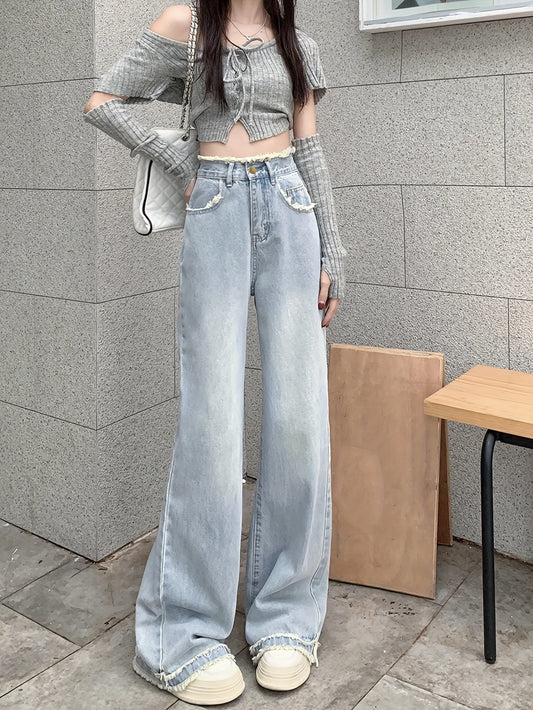 xieyinshe  Raw Hem High Rise Wide Leg Jeans, Slash Pocket Loose Fit Washed Blue Denim Pants, Women's Denim Jeans & Clothing