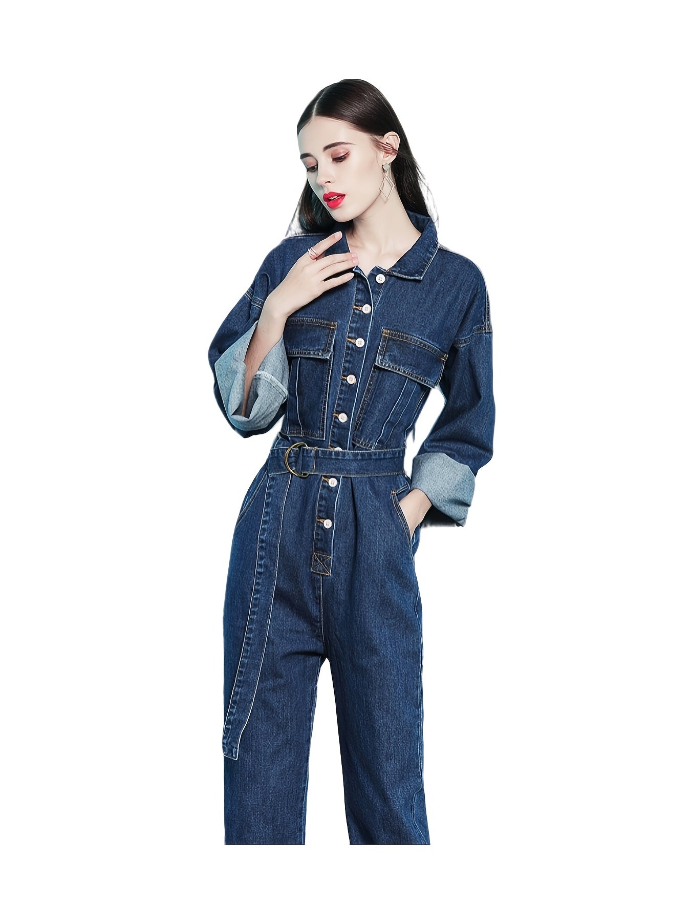 Blue Elastic Band Waist Denim Jumsuit, Long Sleeve Flap Pockets Loose Fit Closure Button Denim Overalls, Women's Denim & Clothing