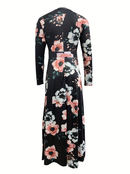 Retro Floral Print Dress, Random Print Long Sleeve Crew Neck Casual Dress For Spring & Fall, Women's Clothing