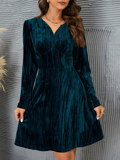 xieyinshe  Solid Velvet Long Sleeve Dress, Casual Cinched Waist V Neck Dress For Spring & Fall, Women's Clothing