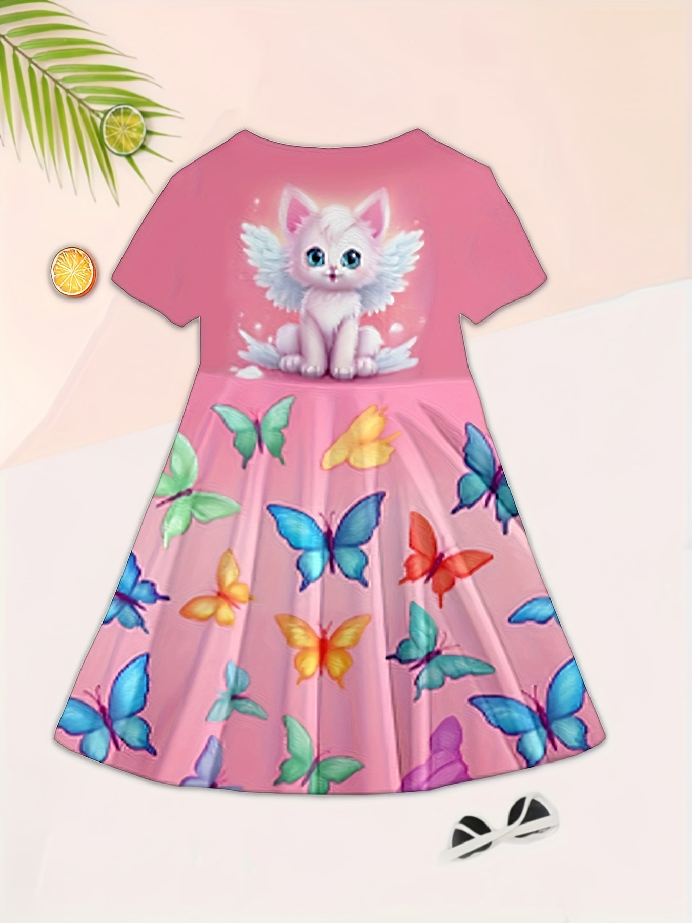 3D Cat Print Girls Dress - Short Sleeve Casual Crew Neck - Adorable Summer Fashion with Fun Prints - Comfortable & Lightweight, Perfect Gift for Little Fashionistas