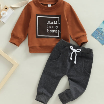 2-Piece Baby Boys' Fashionable Fall Layette Set - Soft Long Sleeve Crew Neck Letter Print Pullover Top and Elastic Waist Pants with Pocket - Comfortable and Adorable Outfit for Little Ones