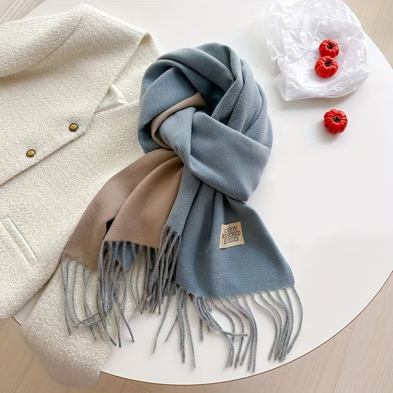 Letter Patched Winter Scarf, Tassel Trim Fashion Windproof Neck Cover Casual Warm Shawl Scarf For Women Winter Gift For Music Festival