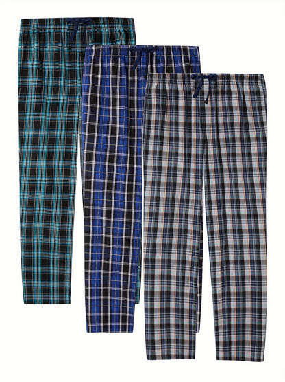 1/3pcs Men's Cotton Thin Plaid Sleep & Lounge Pants, Pajama Bottoms With Pockets